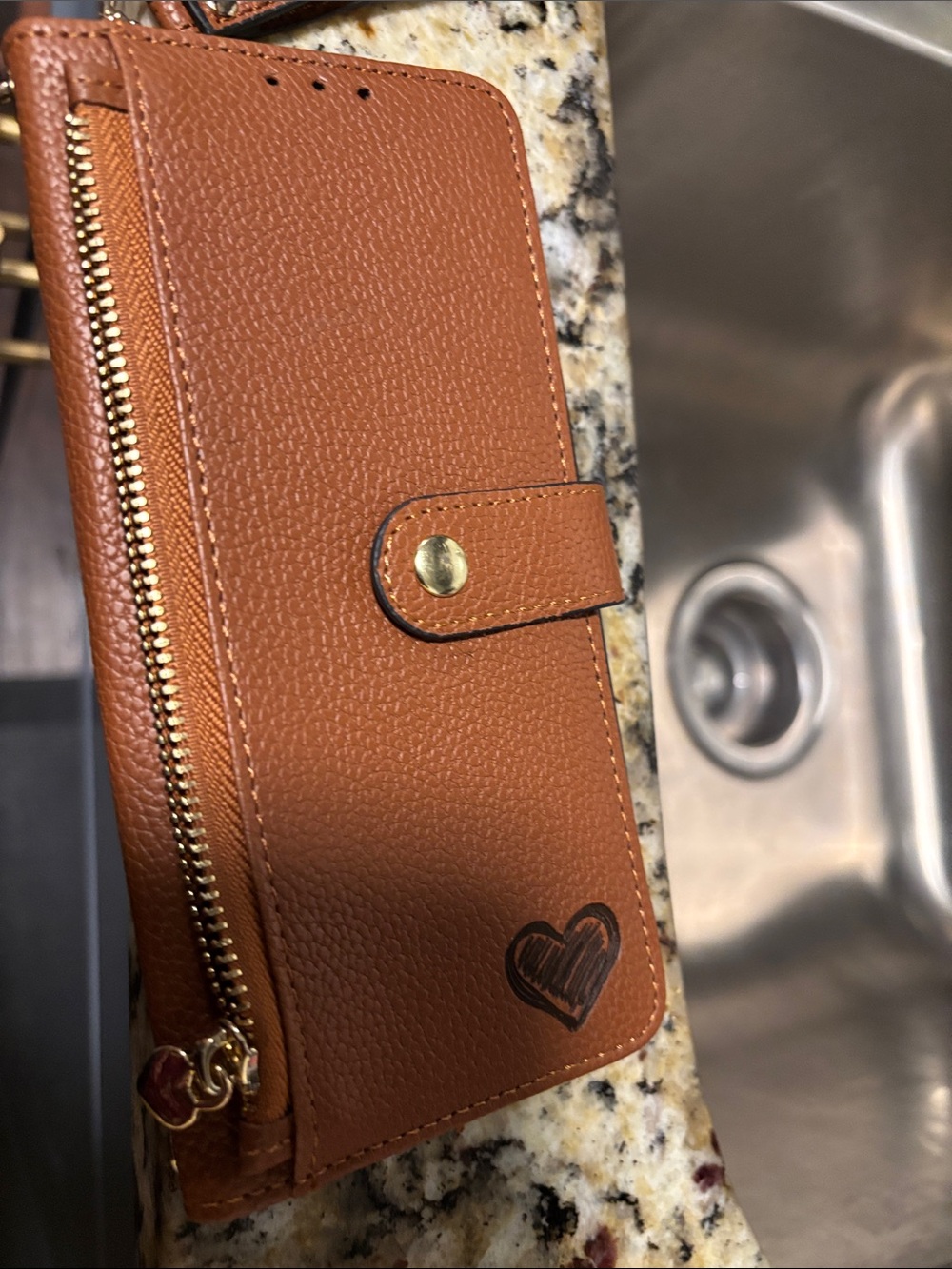 Classic Tan Pebbled Phone Wallet with Heart Accent/ NWOT